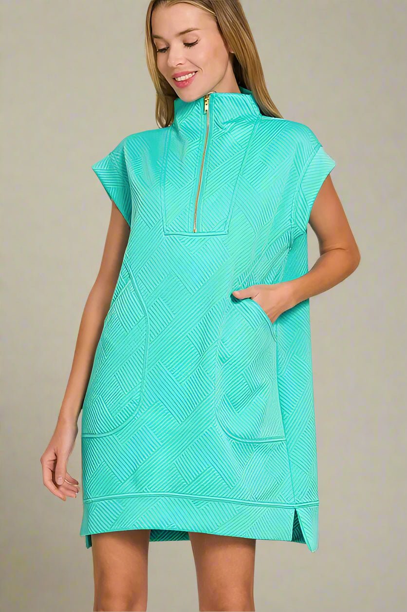 Zenana - Textured Quarter - Zip Sport Mini Dress – Aqua Blue