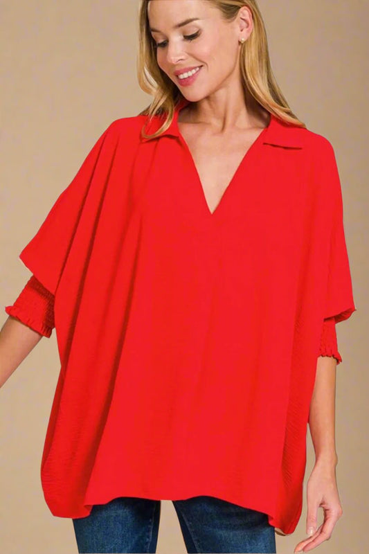 Zenana - Textured Smocked Sleeve Tunic Top – Bright Red
