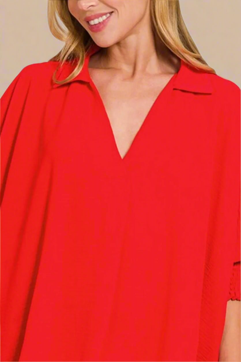 Zenana - Textured Smocked Sleeve Tunic Top – Bright Red