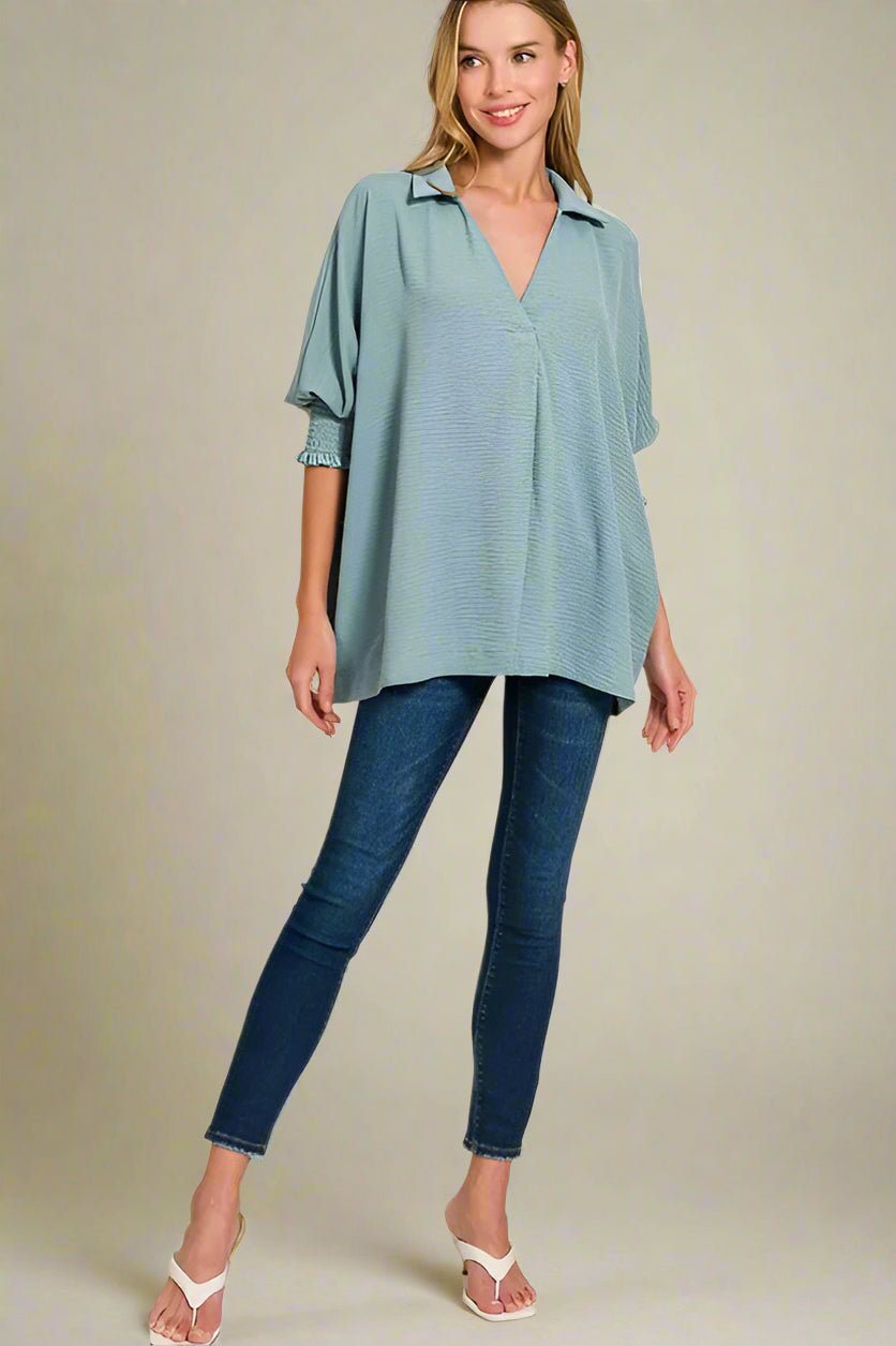 Zenana - Textured Smocked Sleeve Tunic Top – Dusty Teal
