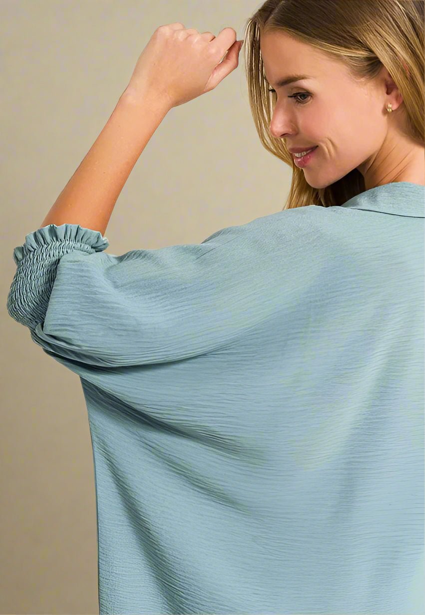 Zenana - Textured Smocked Sleeve Tunic Top – Dusty Teal
