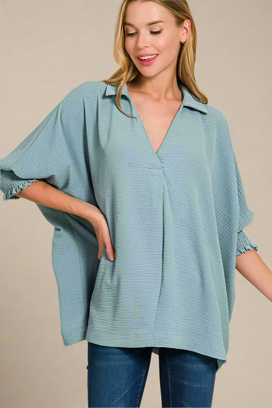Zenana - Textured Smocked Sleeve Tunic Top – Dusty Teal