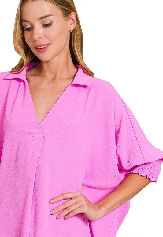 Zenana - Textured Smocked Sleeve Tunic Top – Hot Pink