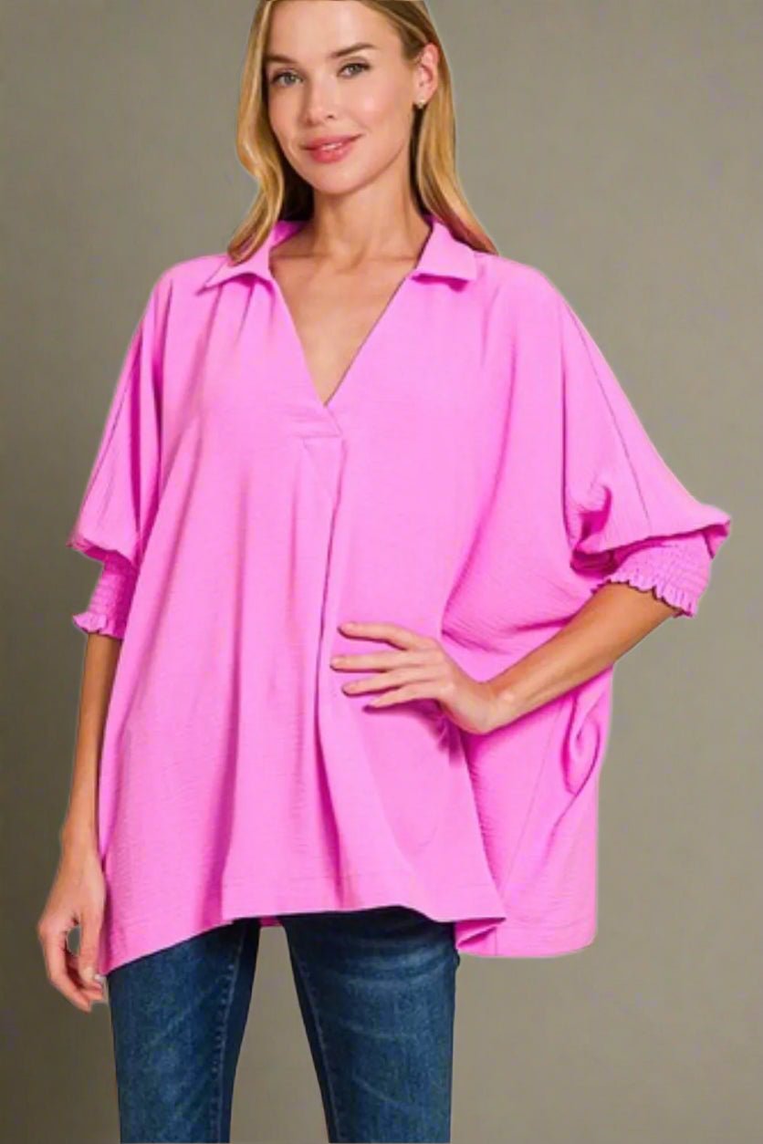 Zenana - Textured Smocked Sleeve Tunic Top – Hot Pink