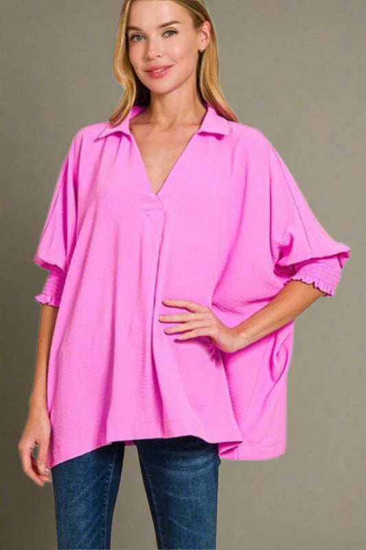 Zenana - Textured Smocked Sleeve Tunic Top – Hot Pink