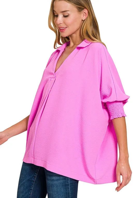 Zenana - Textured Smocked Sleeve Tunic Top – Hot Pink