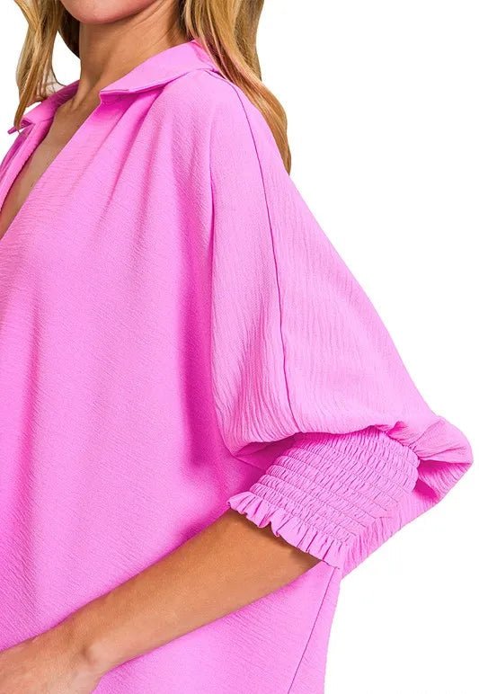 Zenana - Textured Smocked Sleeve Tunic Top – Hot Pink