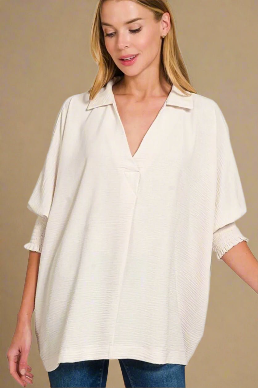 Zenana - Textured Smocked Sleeve Tunic Top – Ivory