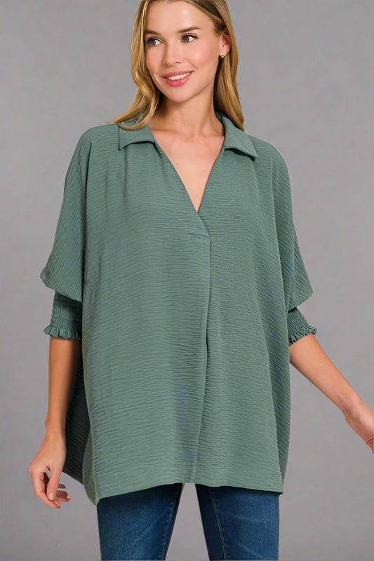 Zenana - Textured Smocked Sleeve Tunic Top – Smoky Sage