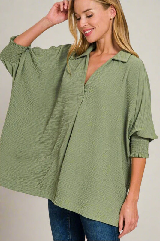 Zenana - Textured Smocked Sleeve Tunic Top – Smoky Sage