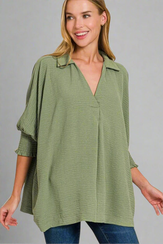 Zenana - Textured Smocked Sleeve Tunic Top – Smoky Sage