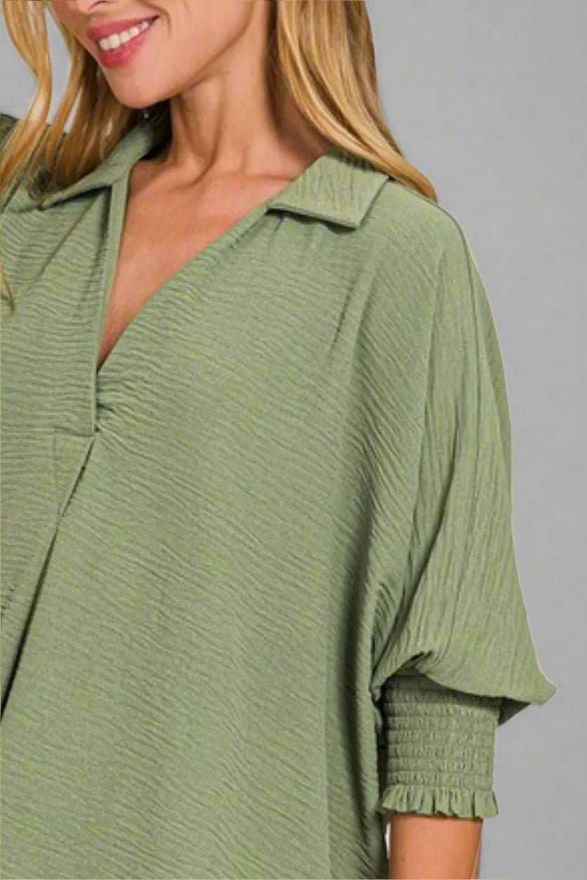 Zenana - Textured Smocked Sleeve Tunic Top – Smoky Sage