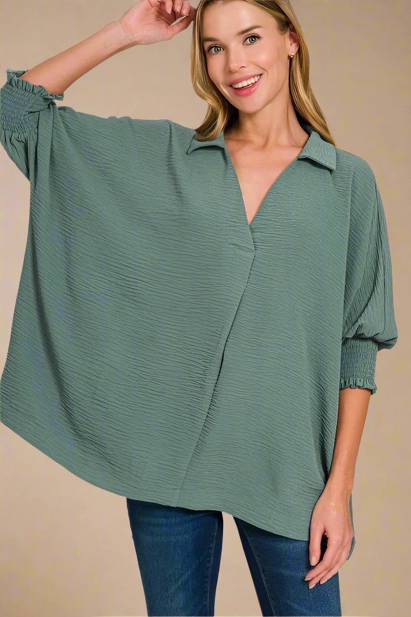 Zenana - Textured Smocked Sleeve Tunic Top – Smoky Sage