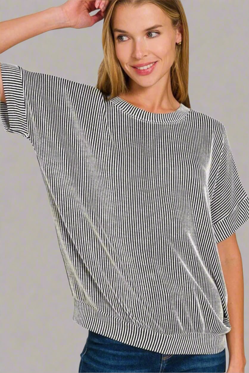 Zenana - Textured Stripe Knit Top – Black