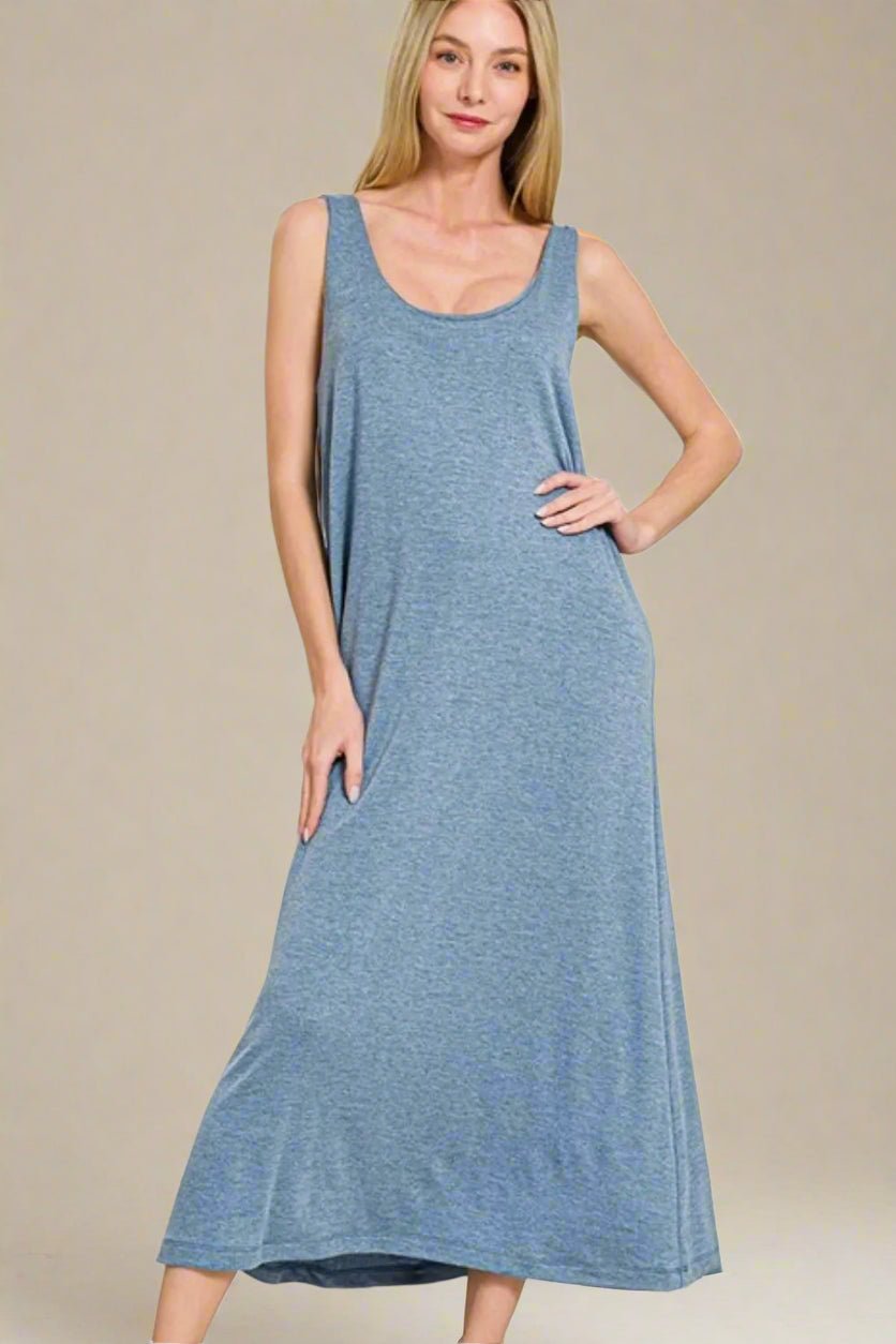 Zenana - Twist Strap Open Back Midi Dress – Heather Blue