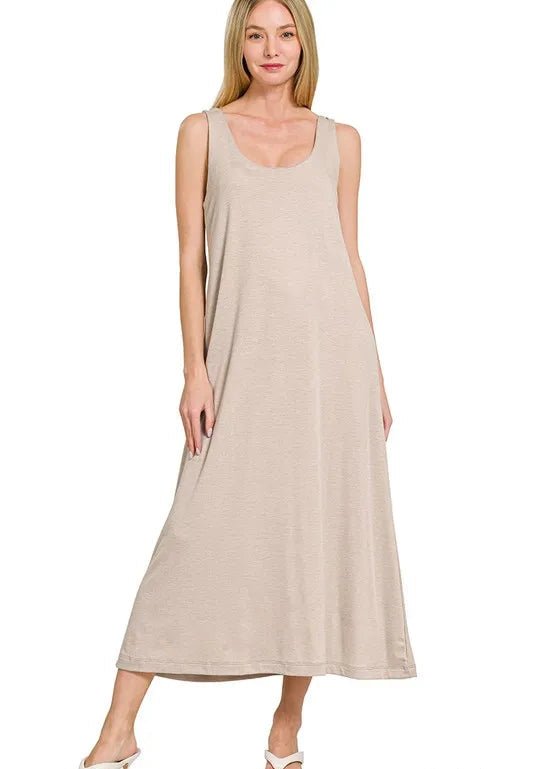 Zenana - Twist Strap Open Back Midi Dress – Oatmeal Beige