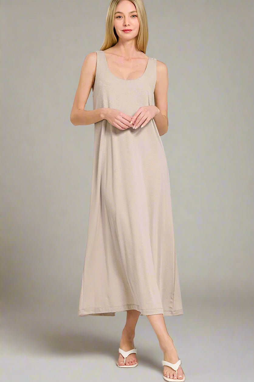 Zenana - Twist Strap Open Back Midi Dress – Oatmeal Beige