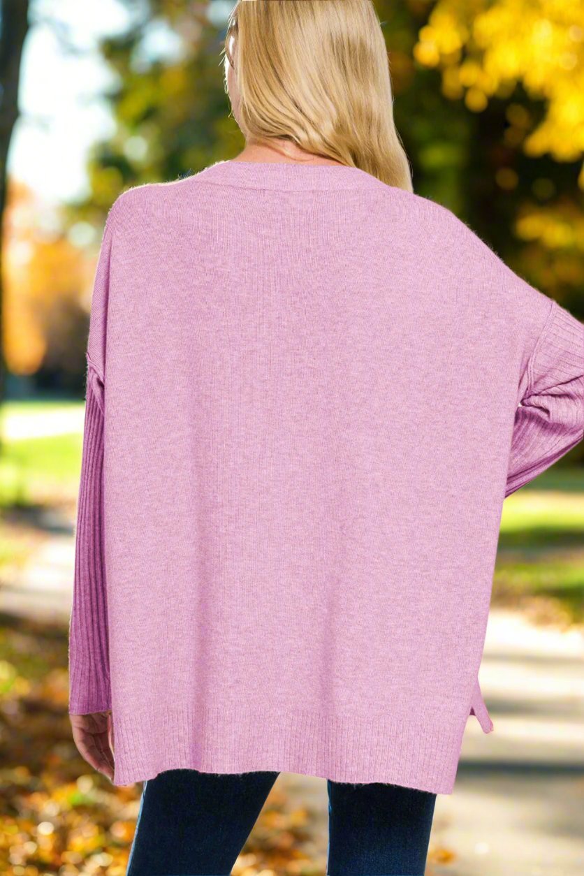 Zenana - V - Neck High - Low Hem Tunic Sweater in Heather Mauve