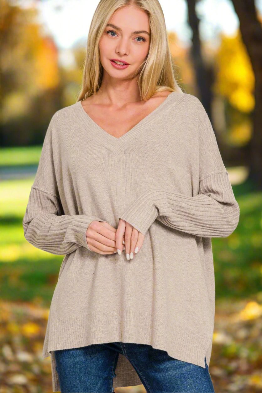 Zenana - V - Neck High - Low Hem Tunic Sweater in Heather Mocha