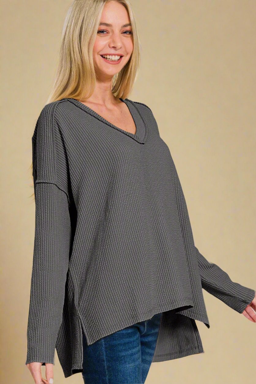 Zenana - V - Neck Long Sleeve T-Shirt in Charcoal