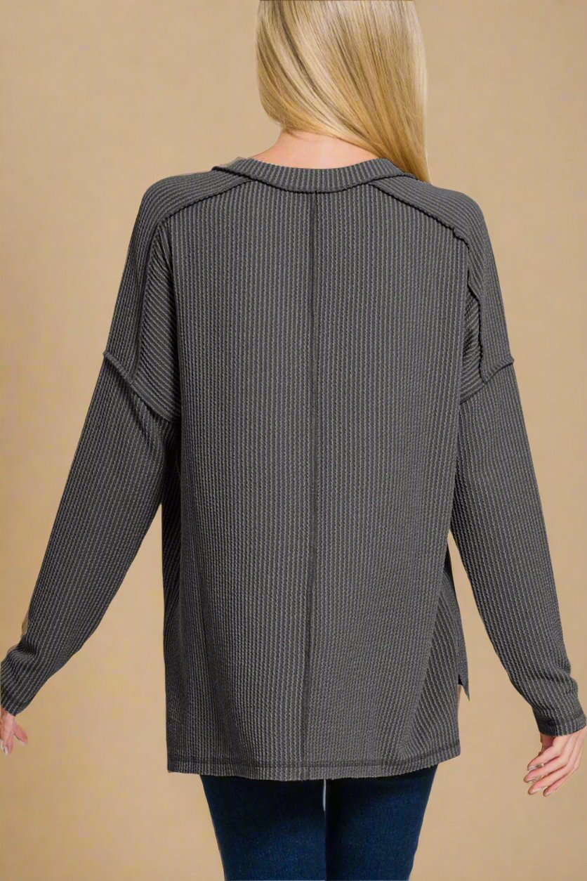 Zenana - V - Neck Long Sleeve T-Shirt in Charcoal