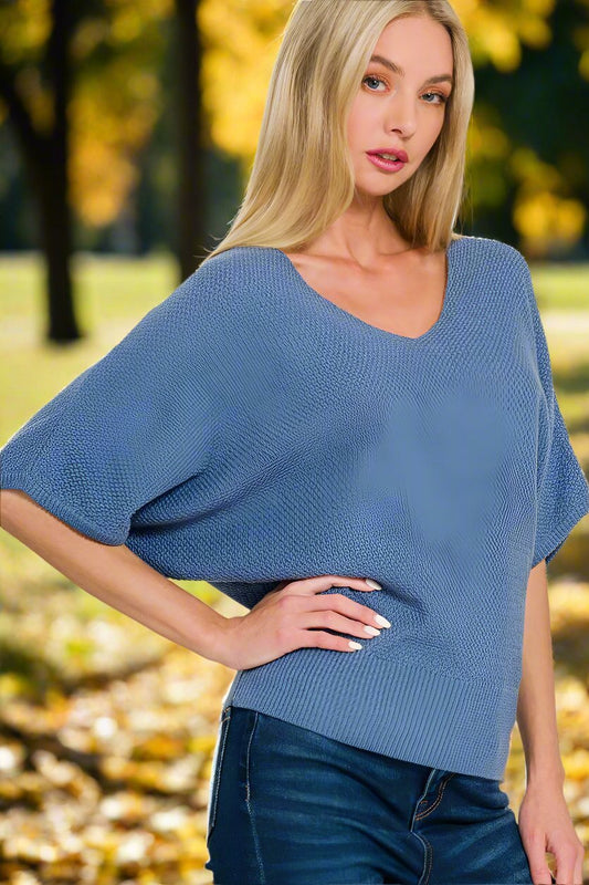 Zenana - V - Neck Short Sleeve Dolman Sweater in Dusty Blue