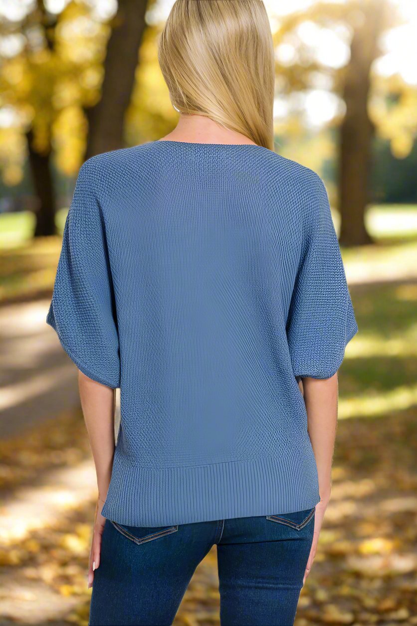 Zenana - V - Neck Short Sleeve Dolman Sweater in Dusty Blue