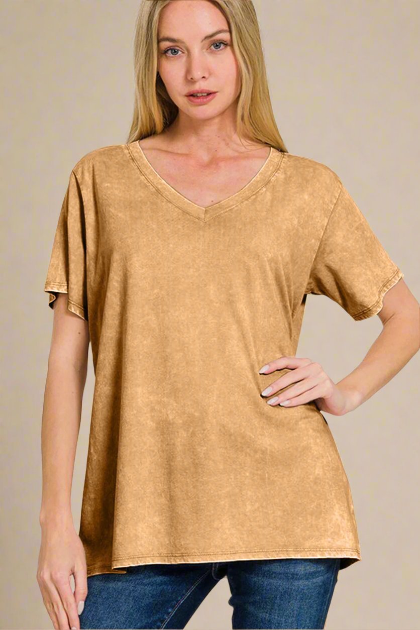 Zenana - V - Neck Washed Cotton T-Shirt in Camel