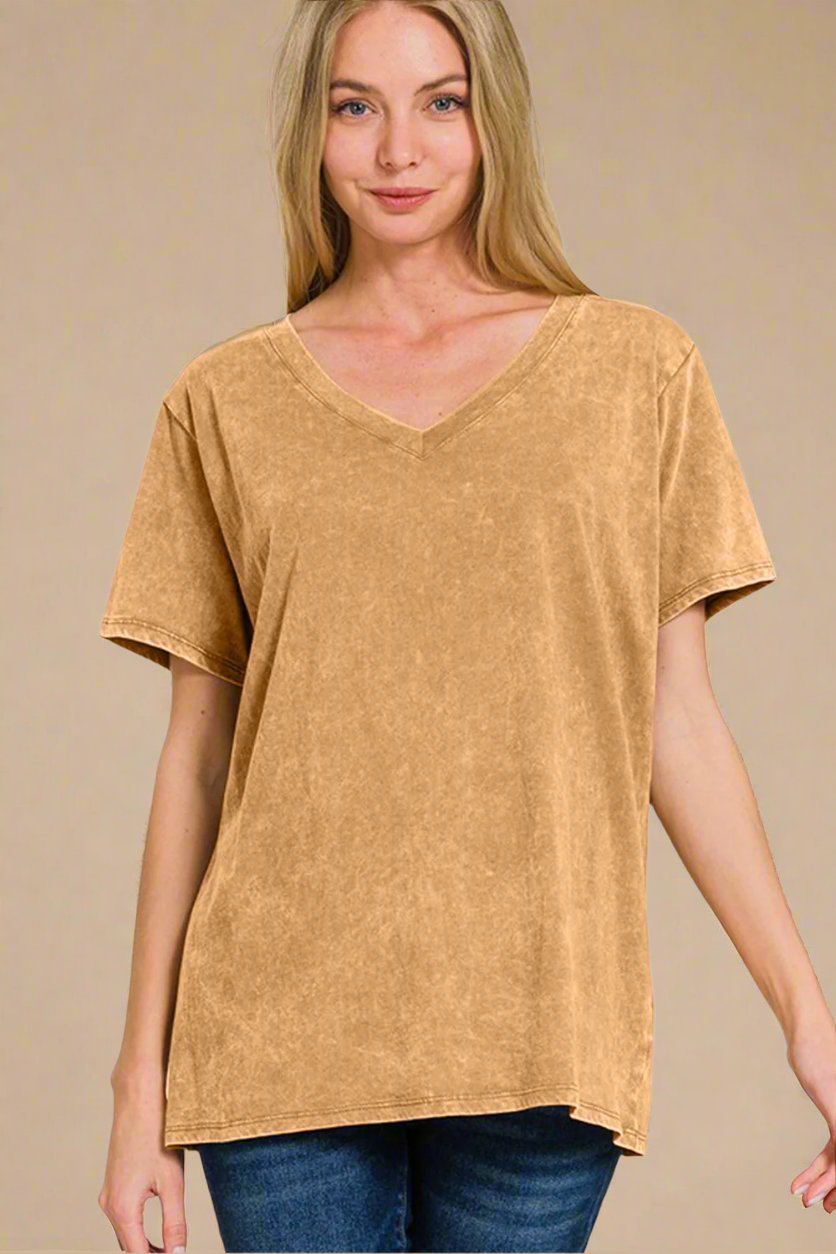 Zenana - V - Neck Washed Cotton T-Shirt in Camel