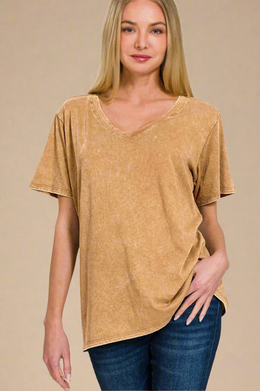 Zenana - V - Neck Washed Cotton T-Shirt in Camel