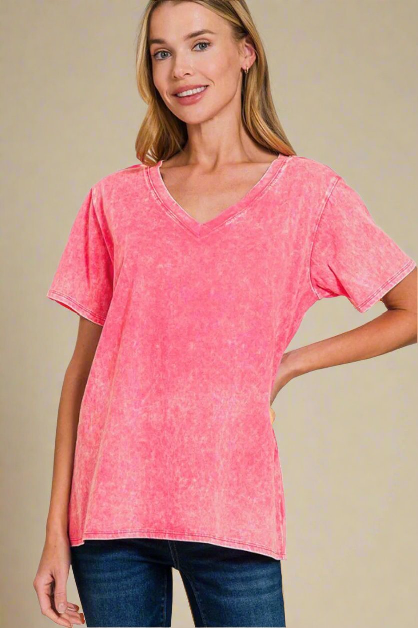 Zenana - V - Neck Washed Cotton T-Shirt in Strawberry