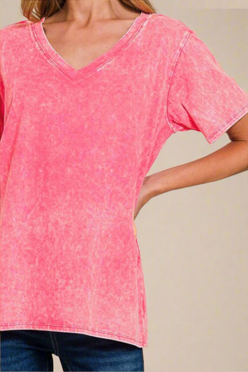 Zenana - V - Neck Washed Cotton T-Shirt in Strawberry