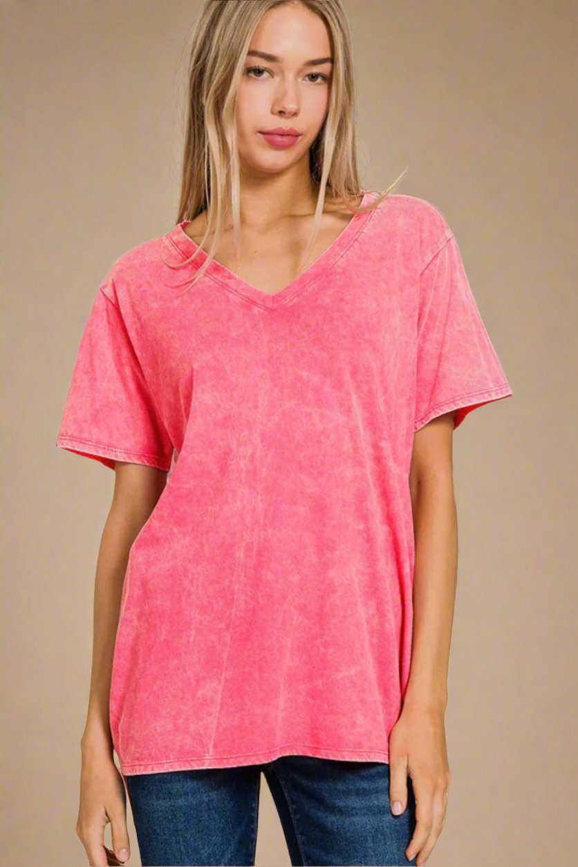 Zenana - V - Neck Washed Cotton T-Shirt in Strawberry