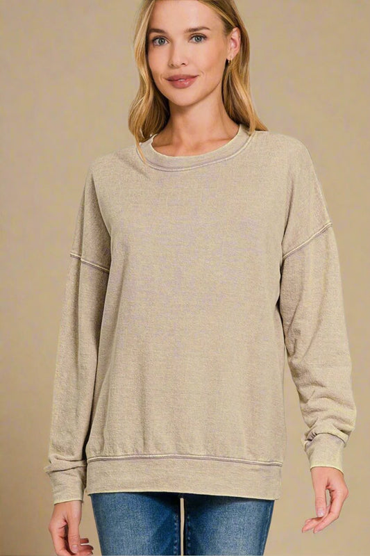 Zenana - Vintage Wash Relaxed Fit Sweatshirt in Khaki