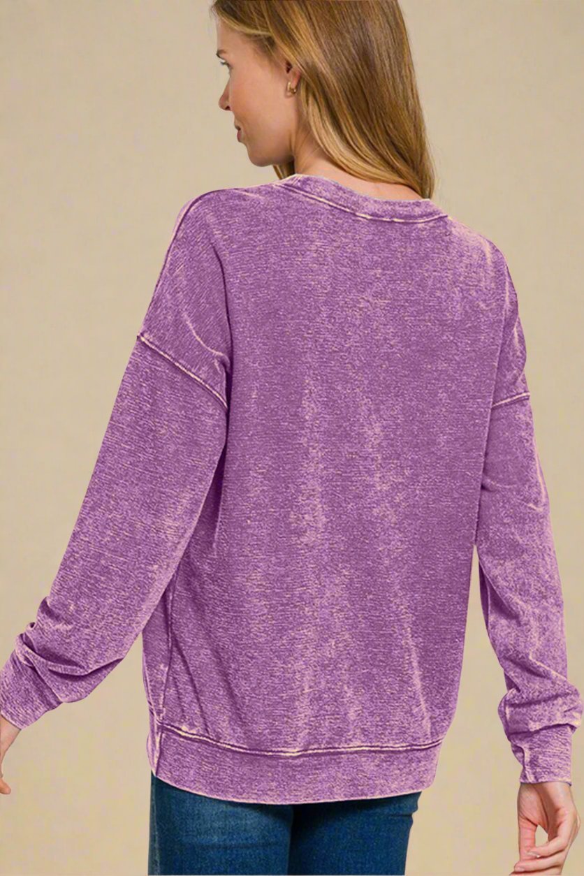 Zenana - Vintage Wash Relaxed Fit Sweatshirt in Violet