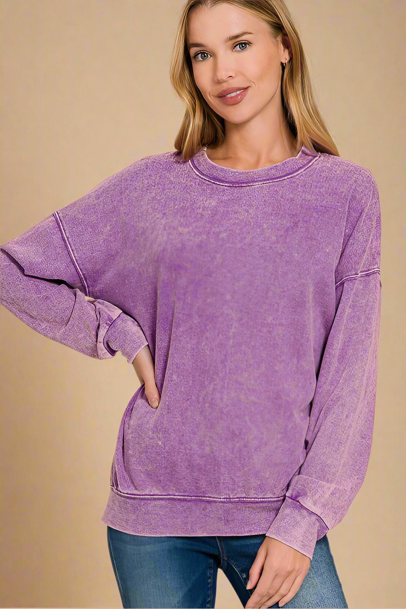 Zenana - Vintage Wash Relaxed Fit Sweatshirt in Violet