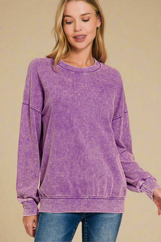 Zenana - Vintage Wash Relaxed Fit Sweatshirt in Violet