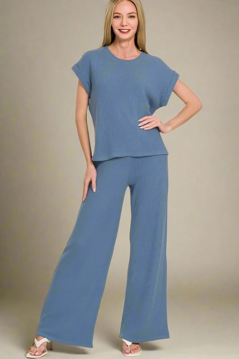 Zenana - Waffle Knit Lounge Set – Heathered Indigo Blue
