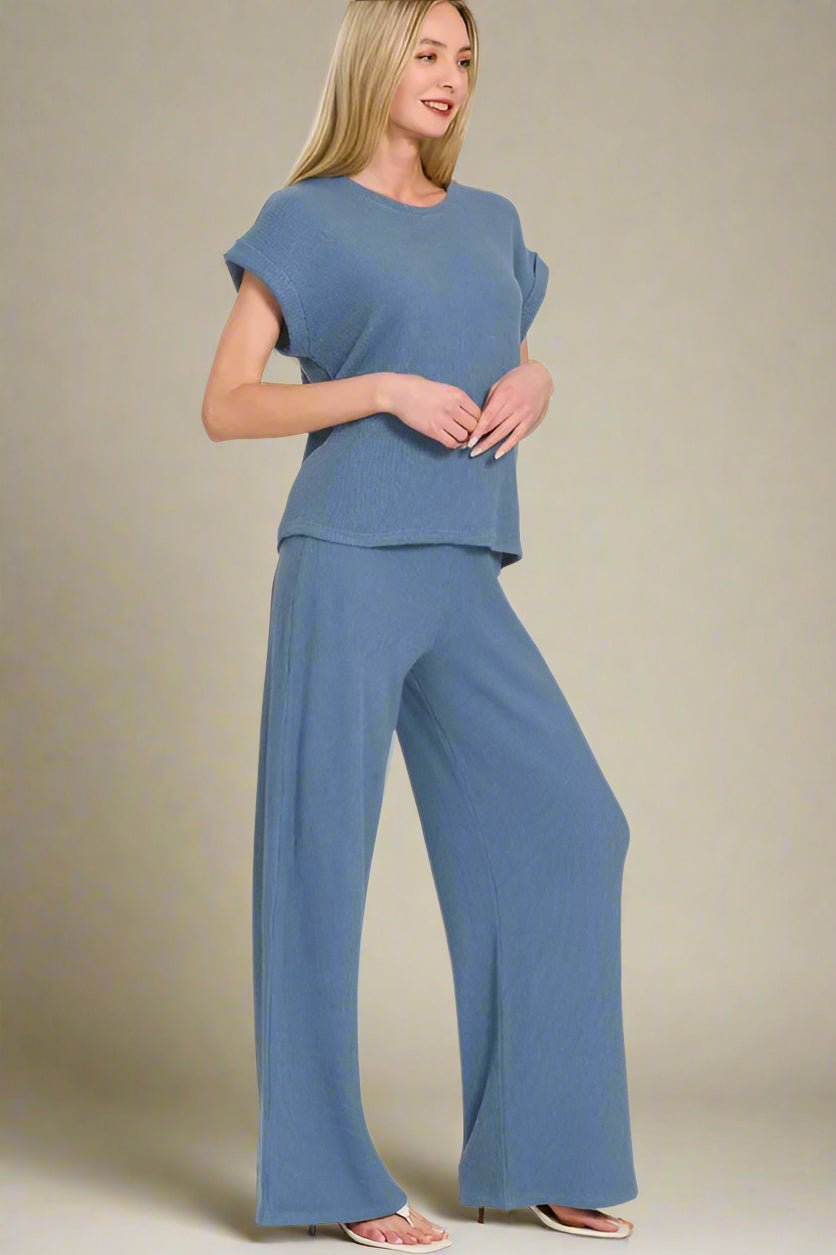 Zenana - Waffle Knit Lounge Set – Heathered Indigo Blue