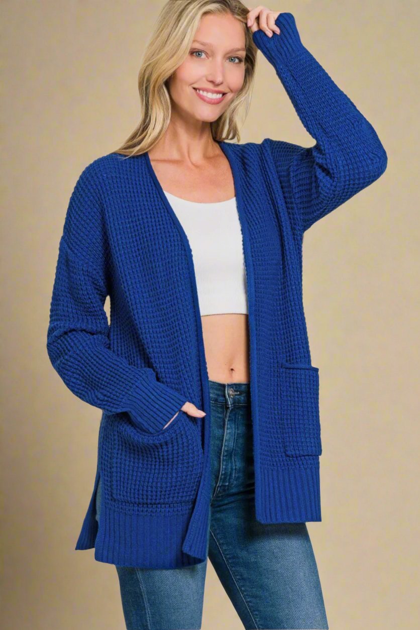 Zenana - Waffle Knit Open Front Cardigan in Light Navy