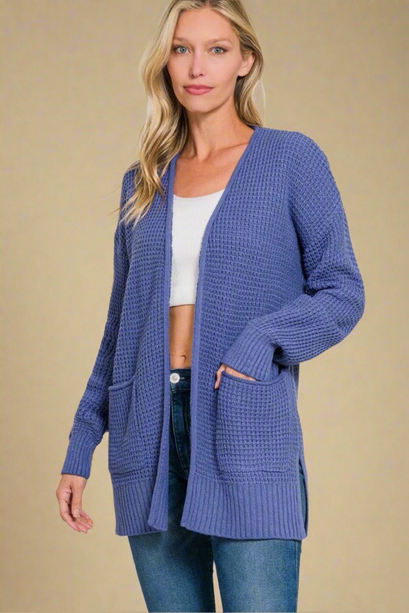 Zenana - Waffle Knit Open Front Cardigan in Marlin