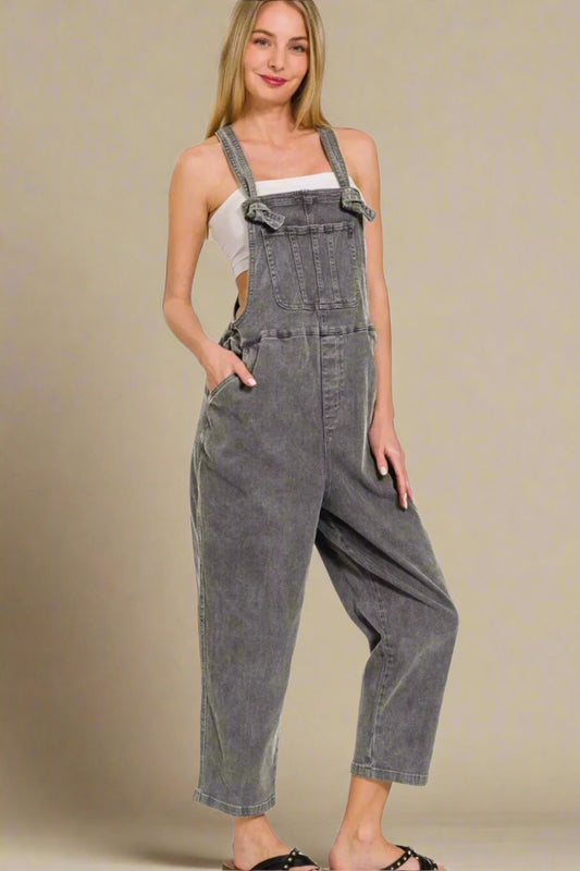 Zenana - Washed Black Denim Overalls with Adjustable Straps