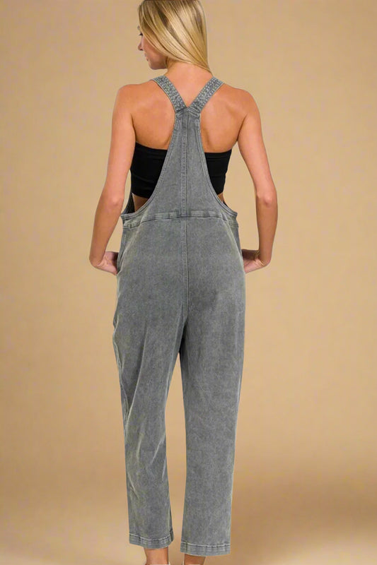Zenana - Washed Black Denim Overalls with Adjustable Straps