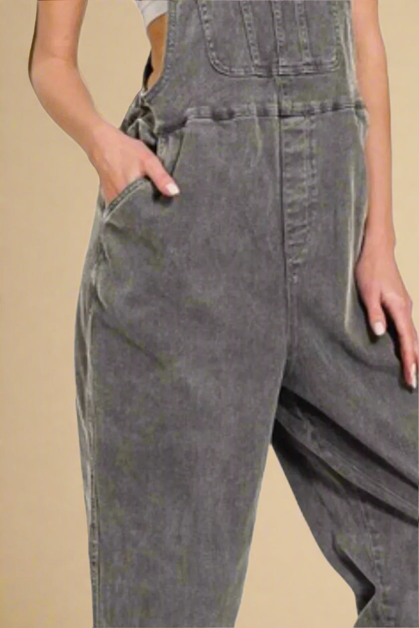 Zenana - Washed Black Denim Overalls with Adjustable Straps