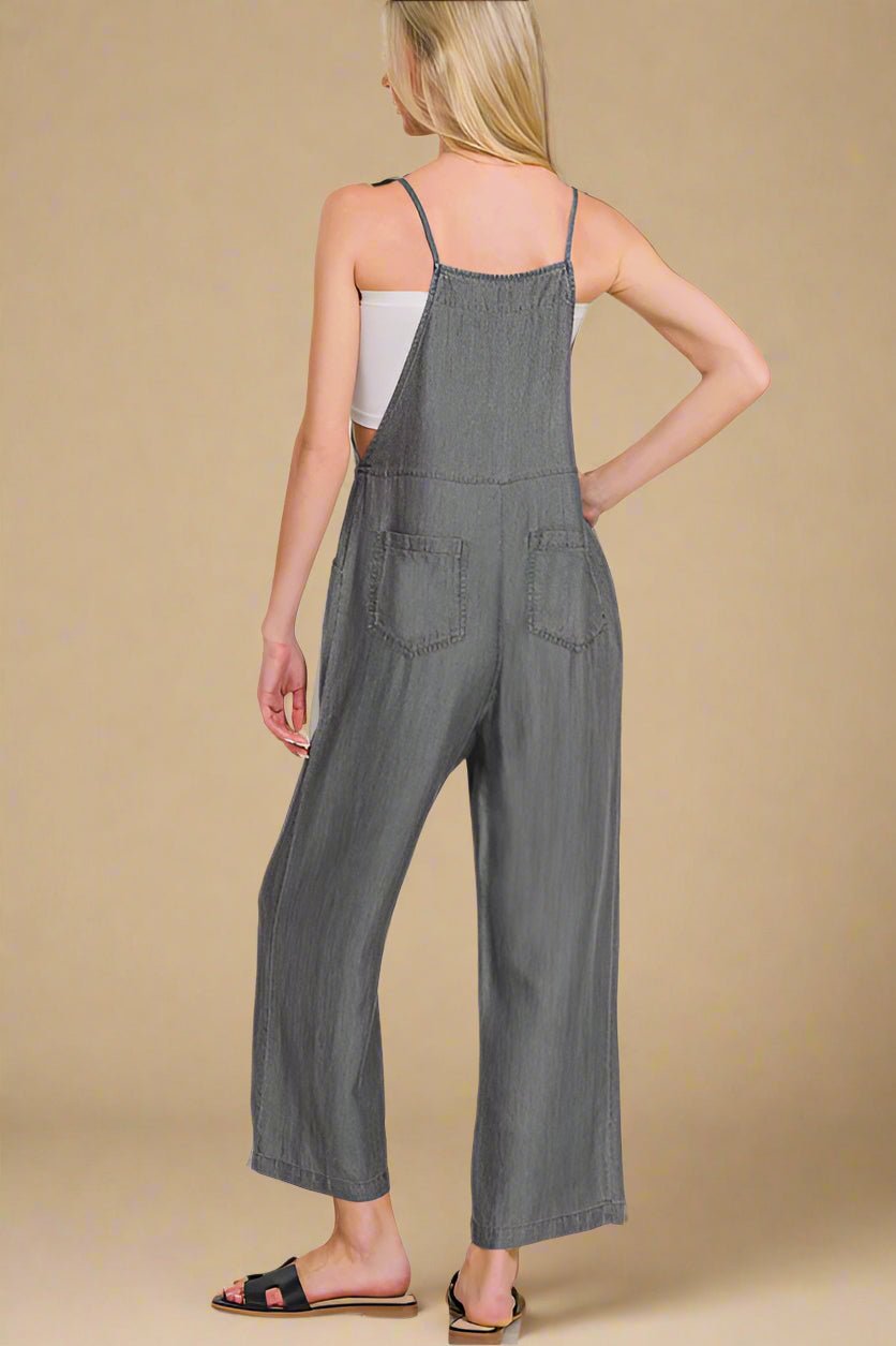 Zenana - Washed Black Denim Wide Leg Overalls