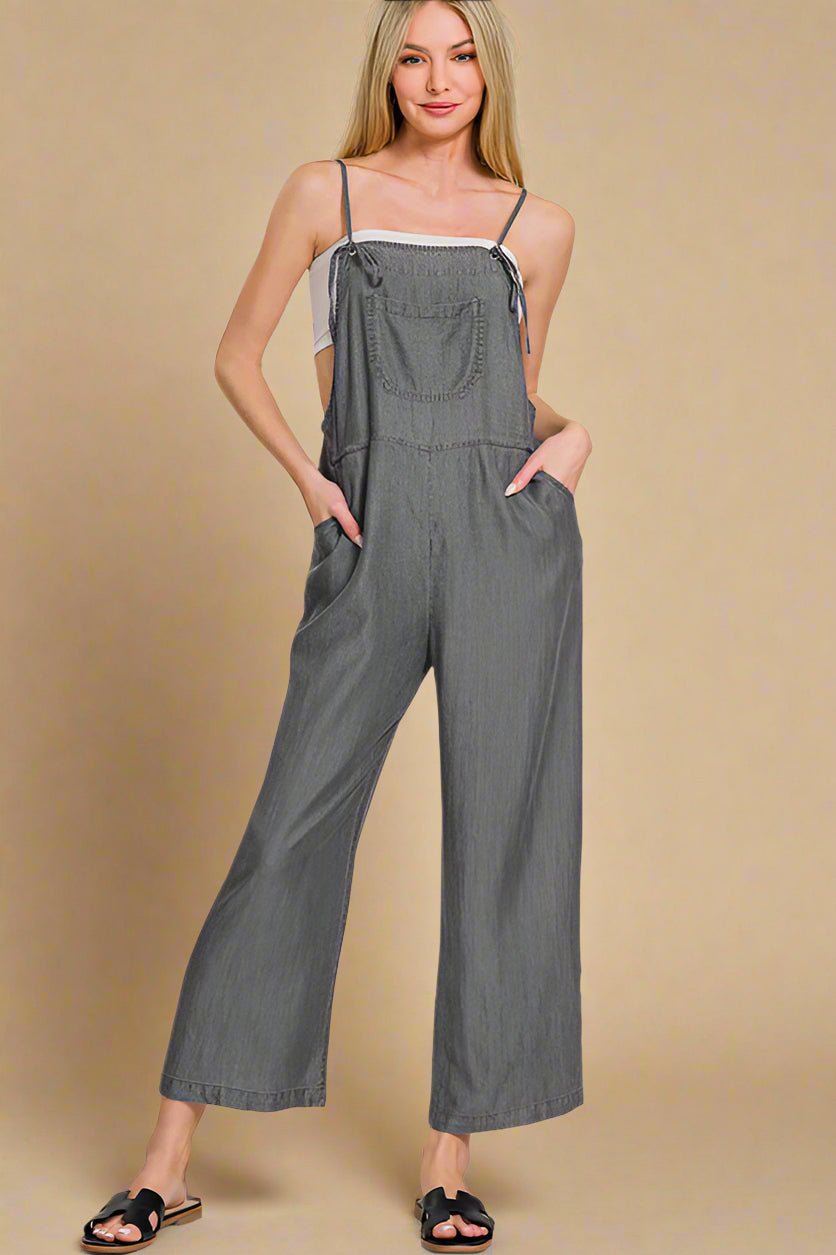 Zenana - Washed Black Denim Wide Leg Overalls