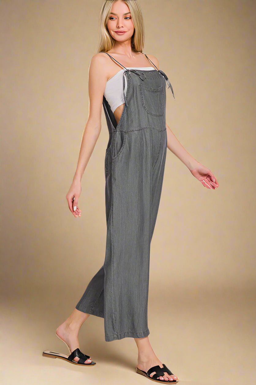 Zenana - Washed Black Denim Wide Leg Overalls