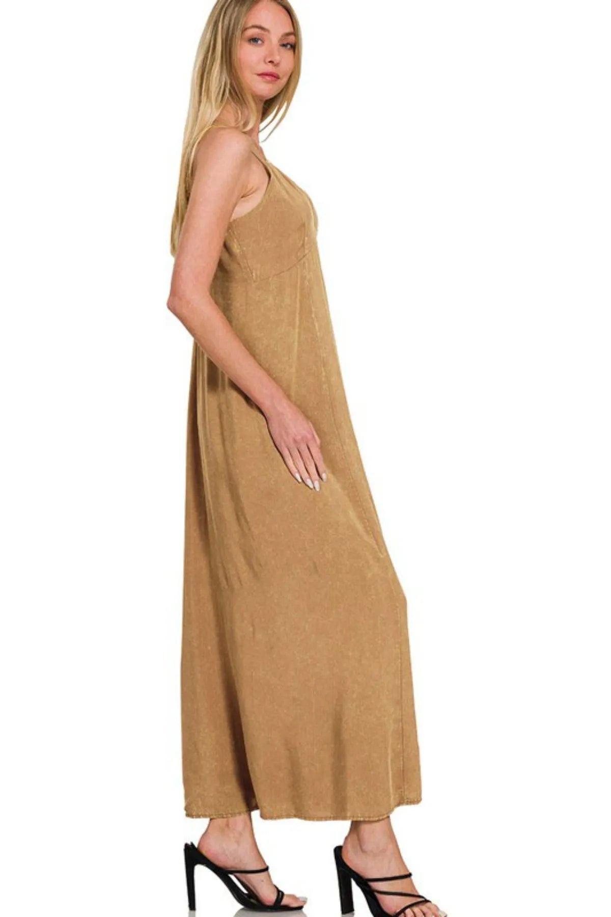 Zenana - Washed Camel Strappy Maxi Dress