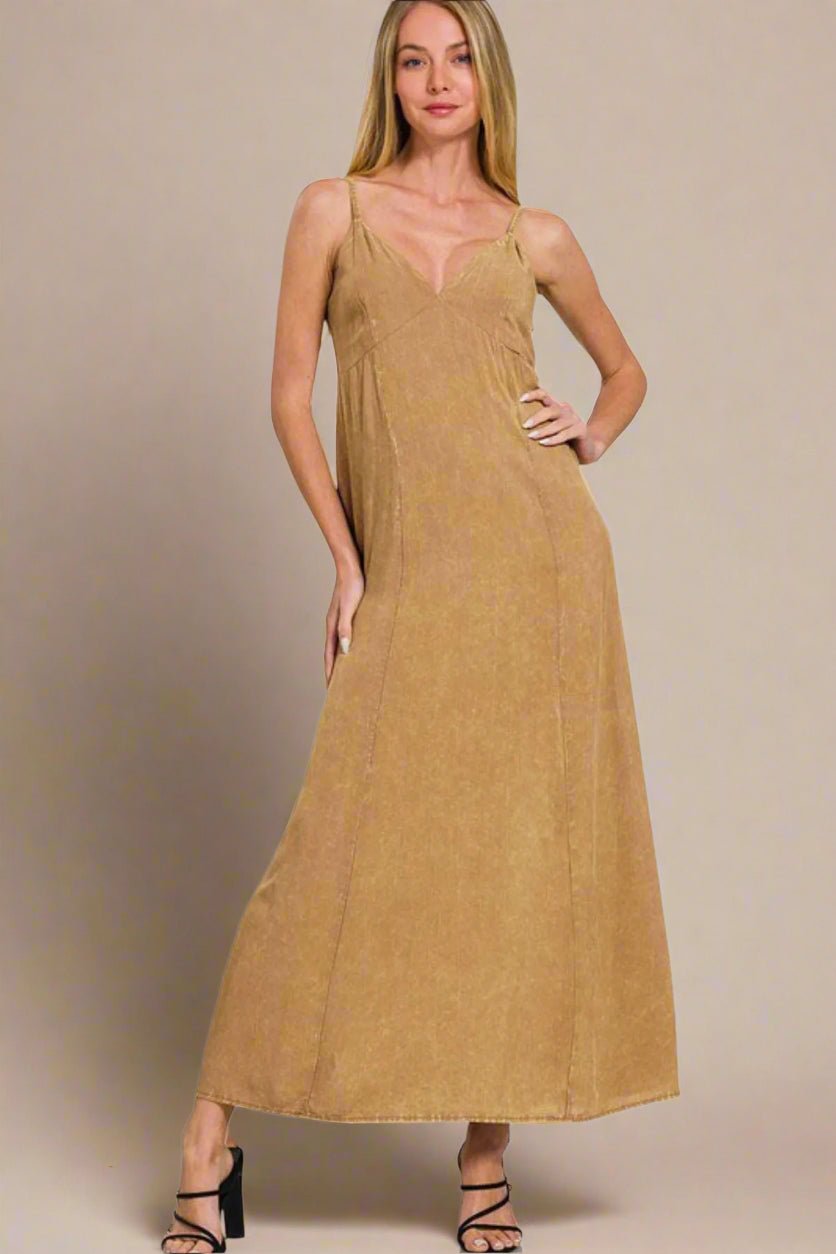 Zenana - Washed Camel Strappy Maxi Dress