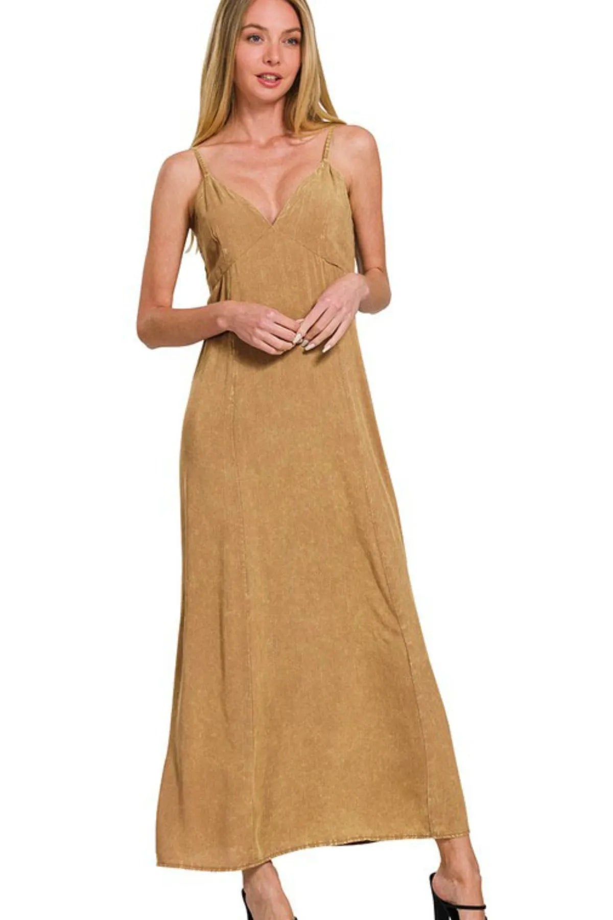 Zenana - Washed Camel Strappy Maxi Dress